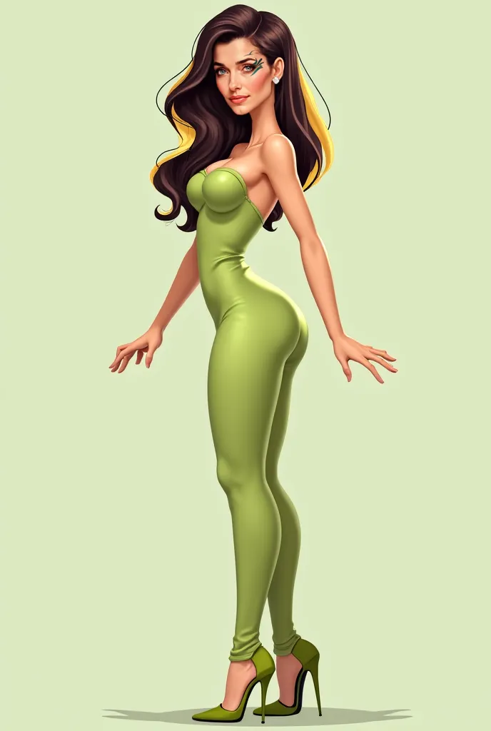   Woman, Realistic,  long hair, wavy hair, dark brown hair with blonde highlights and black highlights, dress in light green sleeveless fabric long tube, pistachio-green stiletto high heel shoe,  sexy body.