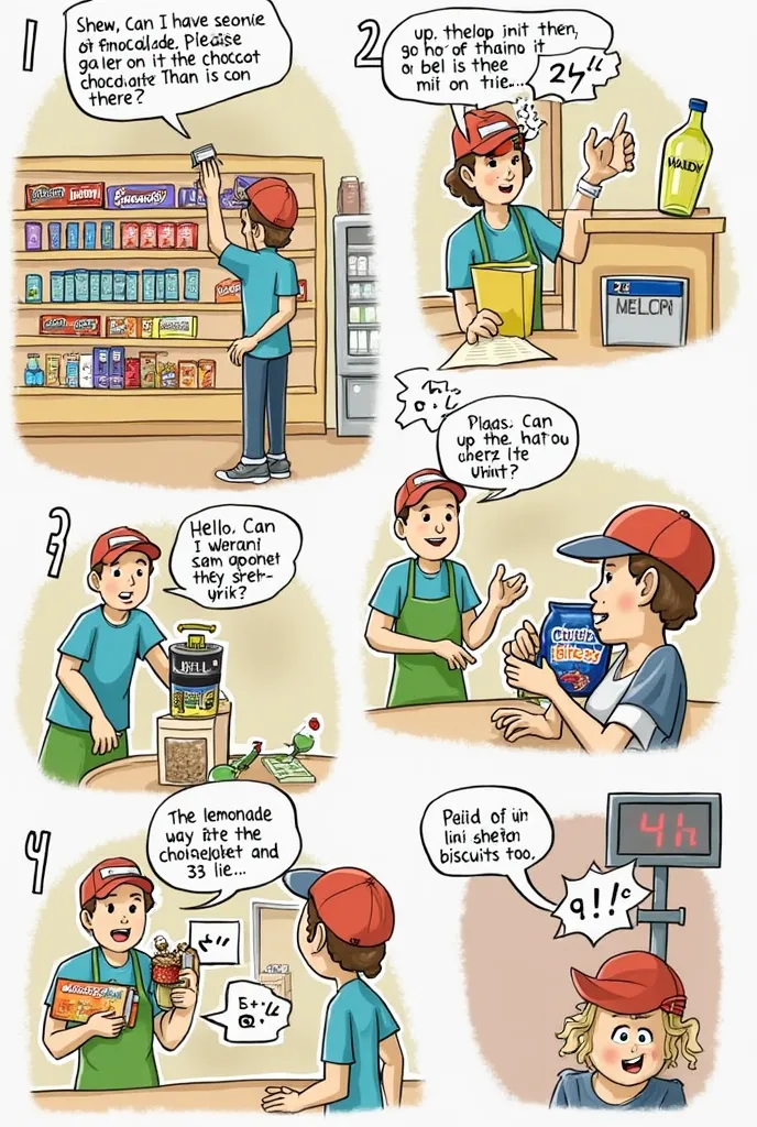 ### Illustrated Dialogue Scenes: Andy at the Shop

#### **Picture 1: Andy Requests Lemonade**  
**Scene:**  
- **Andy** (wearing a red cap and blue T-shirt) stands at the shop counter, pointing to a shelf.  
- **Shop assistant** (in a green apron) gestures...