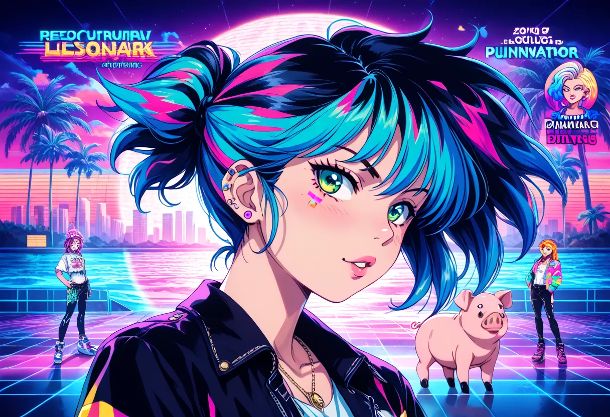 サングラスと絞り染めをしたカラフルなpig, Lisa Frank , shutterstock,  neo-fauvism, from Hotline Miami, Neon Punk, Hotline Miami,  Psychedelic Style , pigpigpig, &quot;pig,  psychedelic art style , (Art Station), Neon Bleed,  Lisa Frankスタイル, 半分pig, ( ( ( Synthwave ) ) ),  pro...