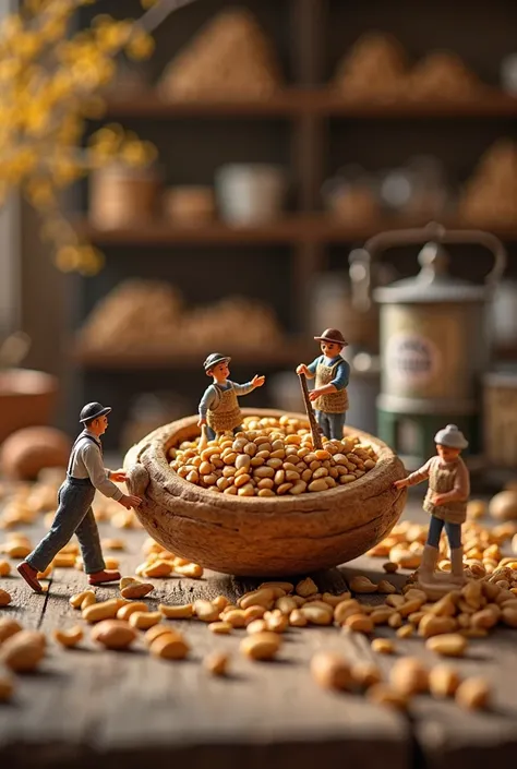 “A tiny worker figure pushing a large walnut as if it were a wooden cart. The scene is set on a rustic wooden table with scattered nuts and seeds. The atmosphere is warm and inviting, with soft natural lighting that enhances the rich textures of the roaste...