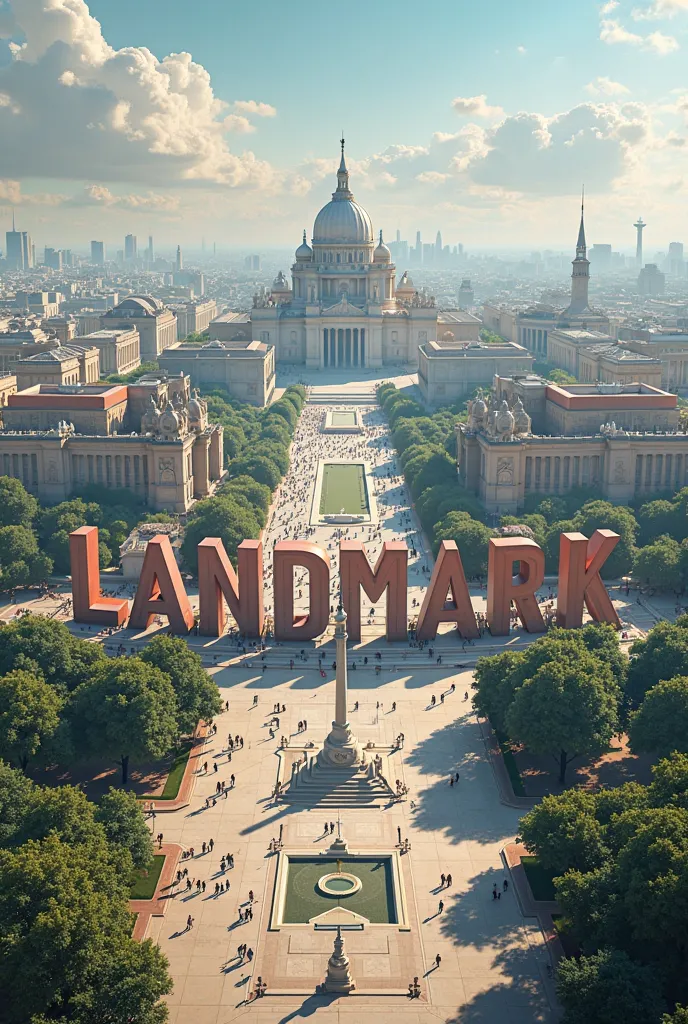 Pictures of monuments in squares forming the word landmark