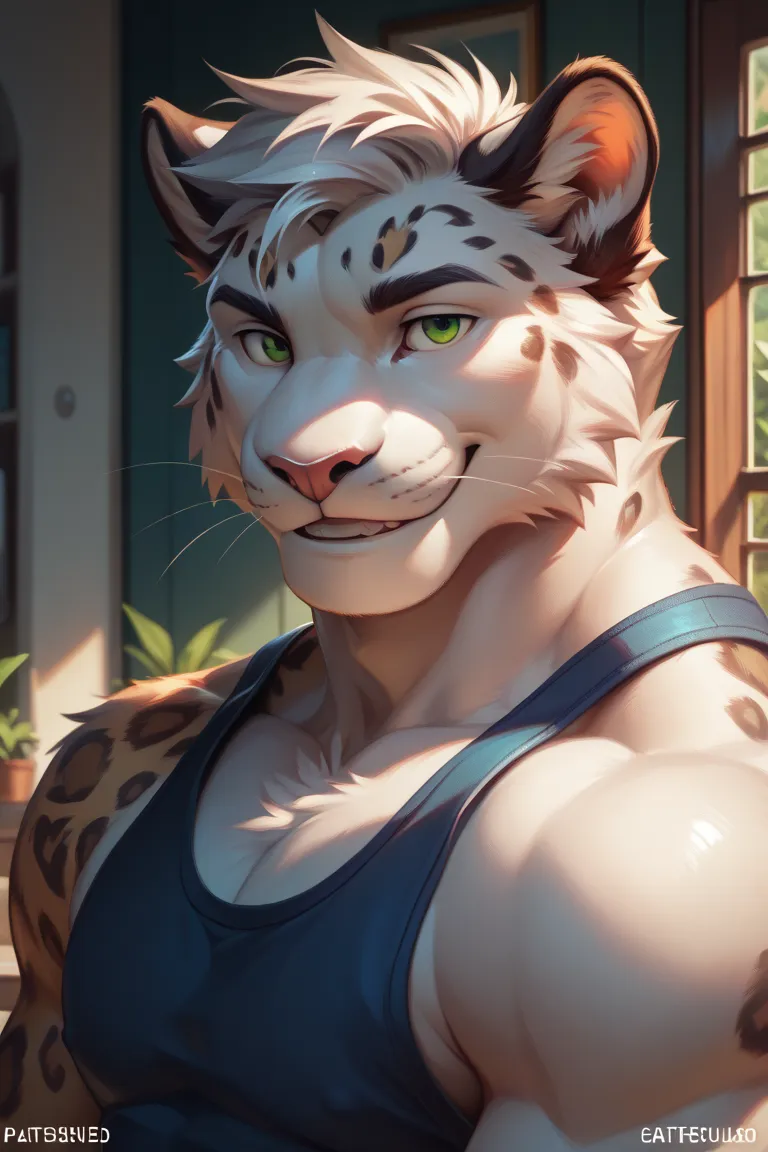 ,(( is the best quality)), ((masterpiece)), ( detailed), upper body,2 male anthropomorphic leopard,  white fur ,White skin, white fur , short black hair , Green Eyes,Calm, mature, Casual wear,  Muscular , looks at viewer, smiling, friend s