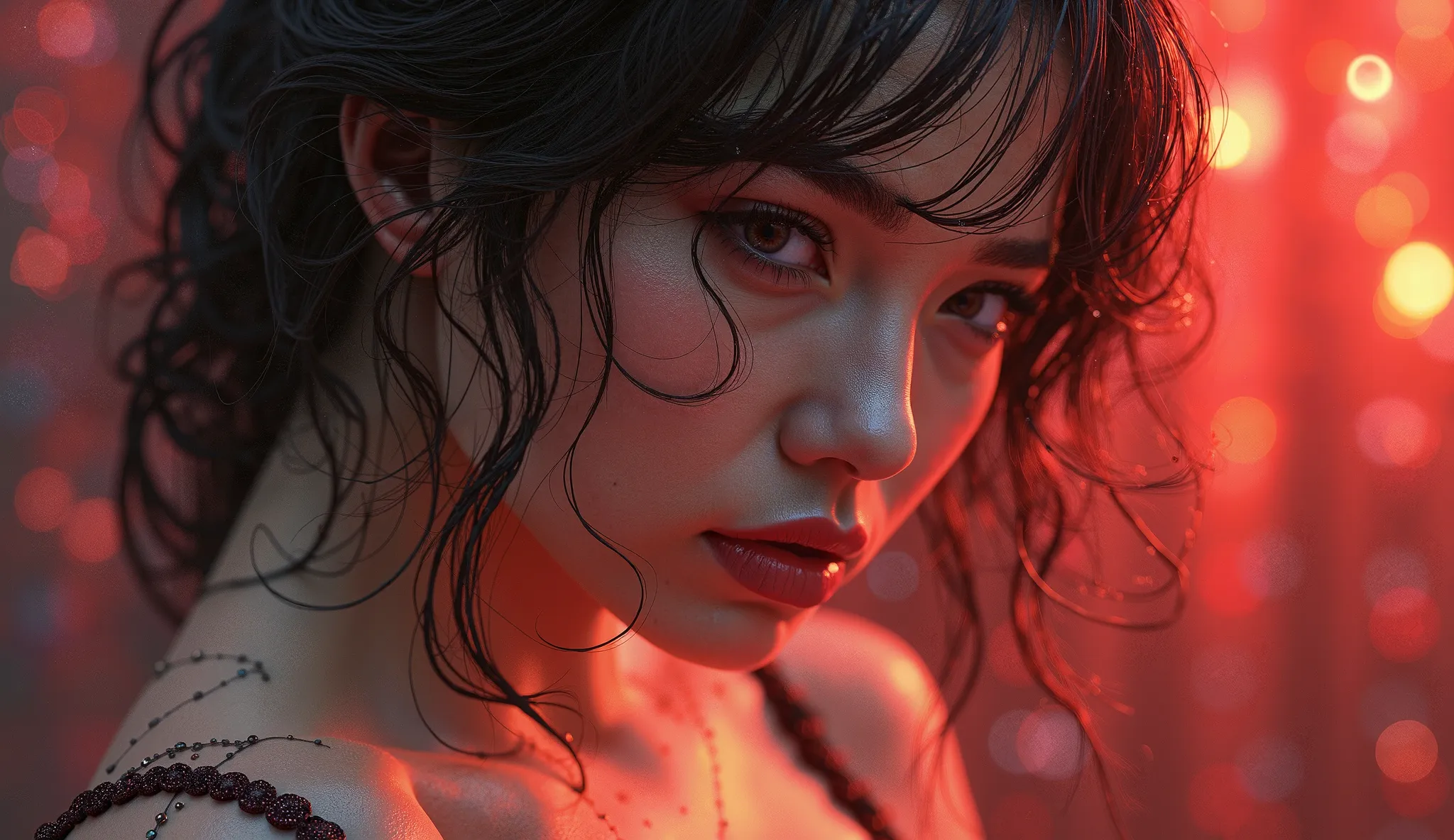 Sensual, gorgeous woman in an intricately designed red bra and panties made of delicate spiderwebs. Hyperrealistic, splash art, concept art, mid-shot, intricately detailed, rich color depth, dramatic, 2/3 face angle, side lighting. A colorful, vibrant back...