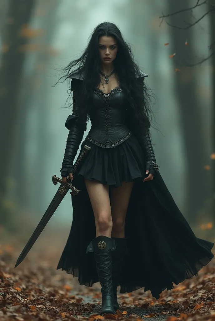 Valkyrie Freyja, Very beautiful woman with long black hair , sexy y sensual, Irish fantasy, dressed in a kind of black armor up to the waist and a short black skirt that reaches down her thighs, he has a large bow in his left hand with a symbol on his Temp...