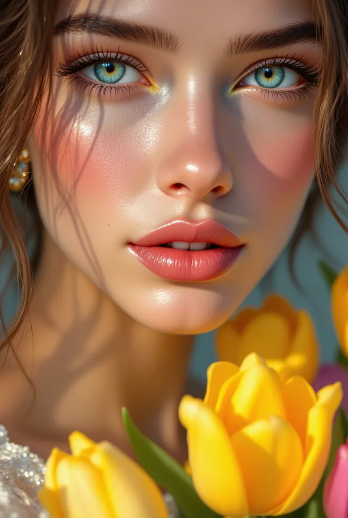 pinkfluxproultrafantasia, ((masterpiece, best quality)), a beautiful portrait of a a close up of a pretty very handsome girl with a bouquet of tulips and mimosas, beautiful shape of face and body, beautiful delicate face, nature, pixiv illustration, master...