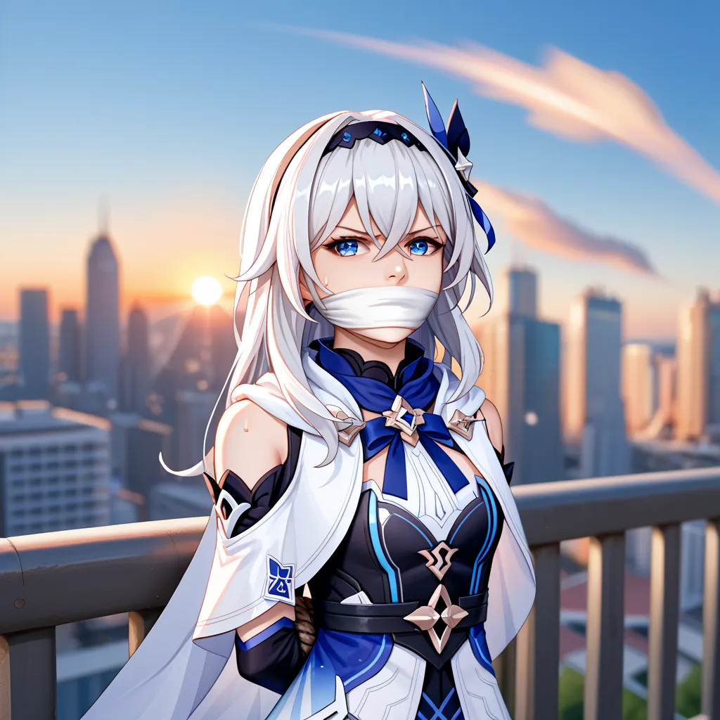 score_9, score_8_up, score_7_up, cityscape, scenery, blue sky, sunrise, night, star \(sky\), science fiction, railing, lens flare, shooting star, BREAK source_anime, 1girl, loli, Firefly/(Honkai Star Rail), white hair, hair between eyes, long hair, dress, ...