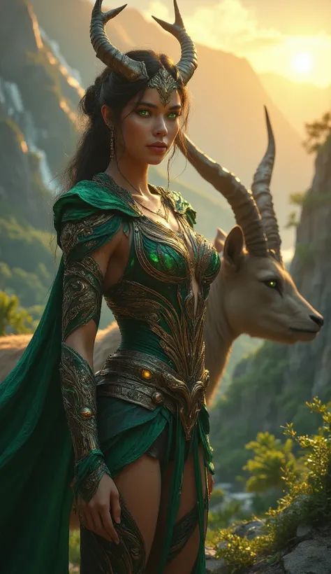 Create an ultra-realistic, highly detailed 8K ultra HD illustration of **Jade**, the iconic Mortal Kombat female warrior. She is beautiful, hot, and radiates a graceful yet deadly aura. She stands confidently beside a majestic **Pyrenean Ibex**, symbolizin...