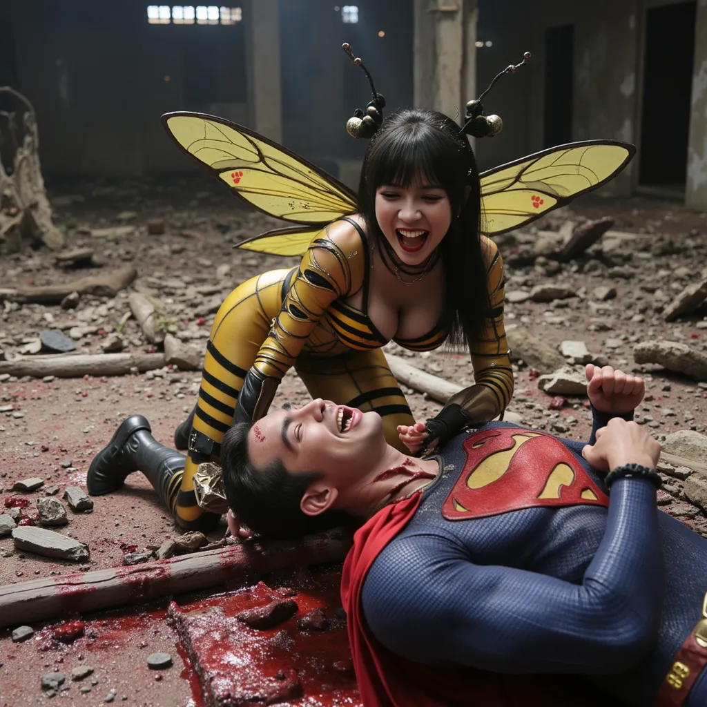 Photo of the battle scene of battered Superman and an extremely evil, and fabulous Korean villainess. The villainess is wearing tight bee-like costume with bee wings in a bloodstained ruin. She is laughing playfully and holding the head of the Superman. Th...