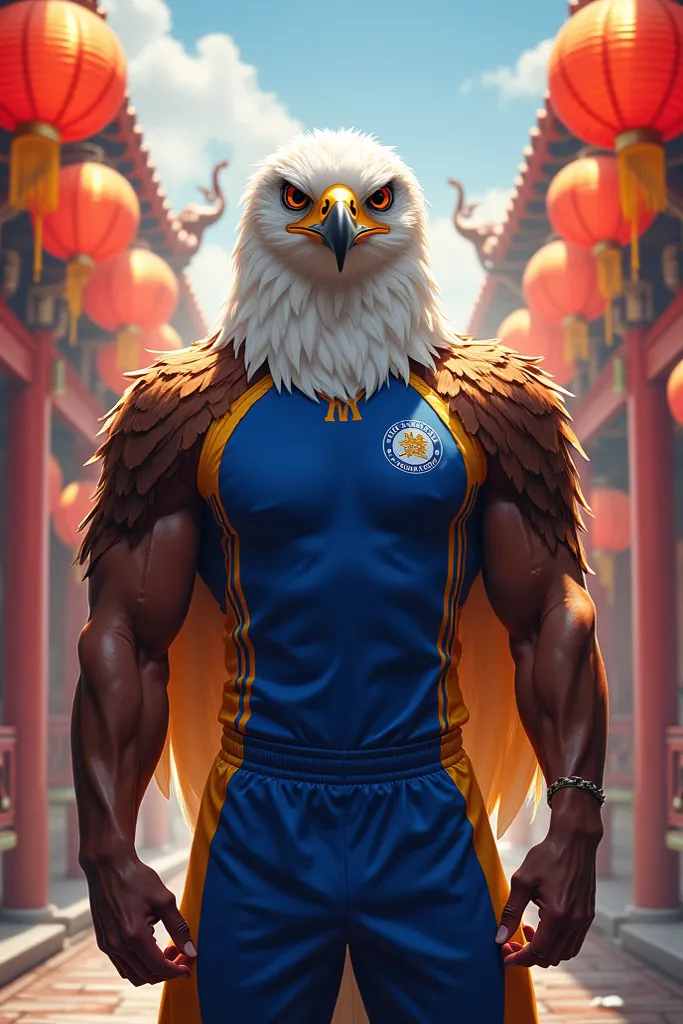 Eagle with human features, sportswear in the blue and gold colors of the Don Bosco School and with a Chinese New Year setting 