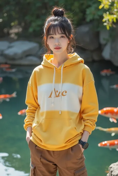 A Korean woman of great tall posture is very beautiful and romantic posing near a beautiful koi pond. She has smooth white skin,  perfectly manicured face , and her hair tied in a bun with Korean style bangs. She wears a yellow hoodie with white gradations...