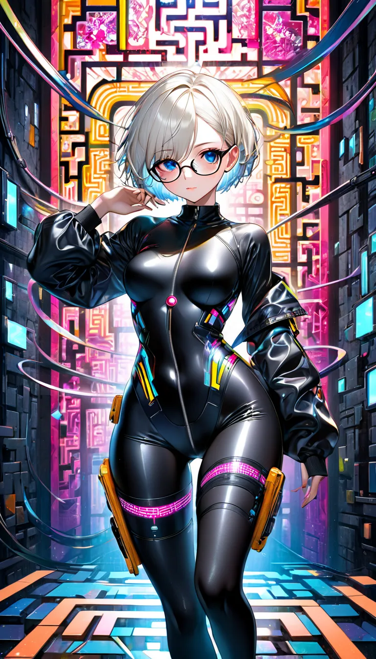 cool beauty, glasses, striking eyes, glossy silky ivory short hair, amorous and lewd expression, make up, wearing seamless black cyberpunk combat rubber suit with neon line maze shaped design, perfect proportions, delicate and dynamic textures, contrasts o...