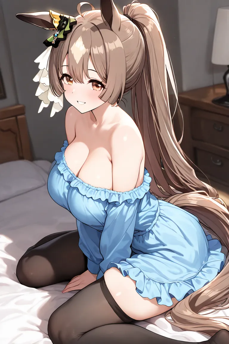 (masterpiece, absurd quality, highres, original, best quality, newest), side view, cowboy shot, (1girl, perfect face, perfect anatomy), ((brown hair), long hair, bangs, side hair, ahoge, ponytail, silky hair), ( brown eyes, perfect eyes), (large breasts, c...