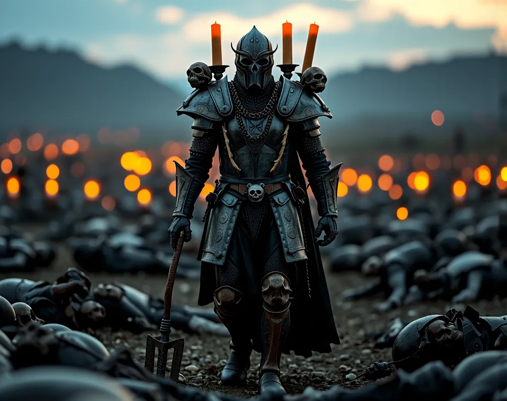 Massive death knight walking through a field littered with fallen warriors, armor made of bone and metal, skulls and books hanging from armor with chains, big church candles lit on shoulders of armor, holding war mace, dark atmosphere at dusk, medieval bat...