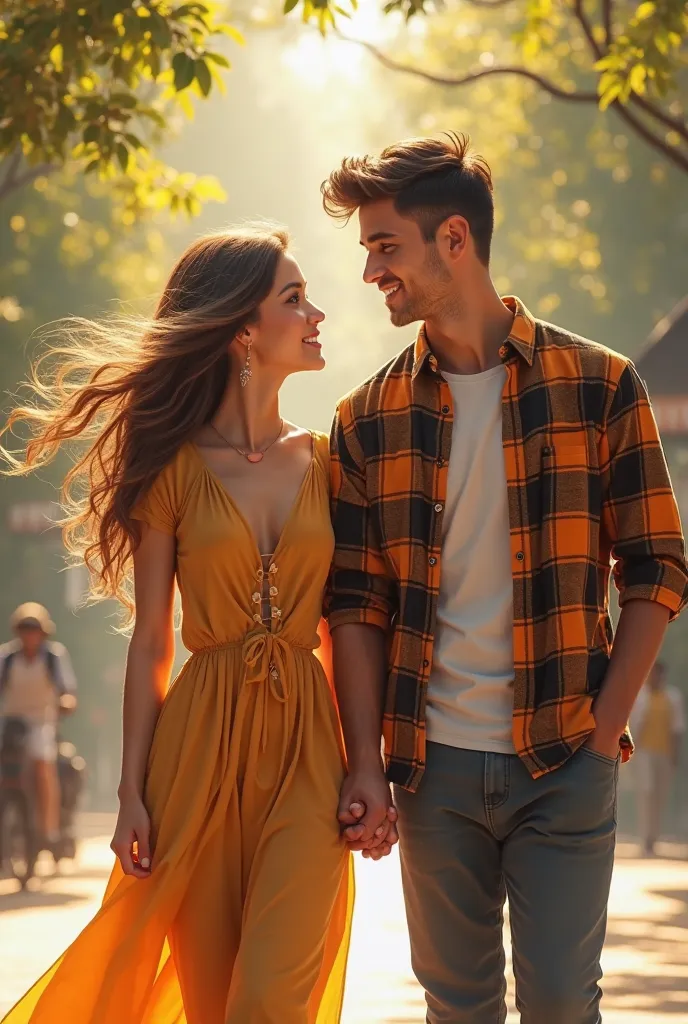 Beautiful girl walking with the boy wearing orange and black checks shirt