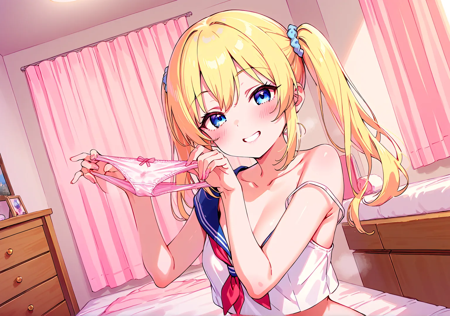 Beautiful Girl、High School Girls、younger sister、姉younger sister、 petite body、small breasts、twin tails、Grin、sailor suit、 girly room、chest of drawers、chest of drawersの引き出しが開いている、chest of drawersの中にはランジェリー、panties in hand、holding panties with both hands、steam...