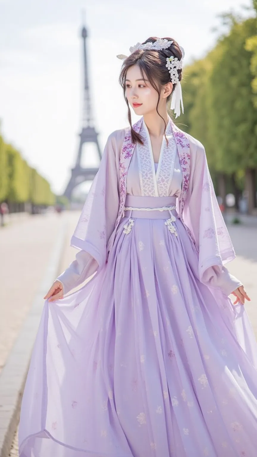  photos, purple color, Hanfu、Chinese clothing , 1 girl, solo, cute, looks at one woman, smiles,The background is the Eiffel Tower  ,Avenue des Champs-Élysées、High Resolution, masterpiece, anatomically correct, highest quality, 