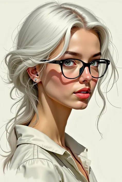 woman,white long hair, green eyes,ware glasses, English sketch 