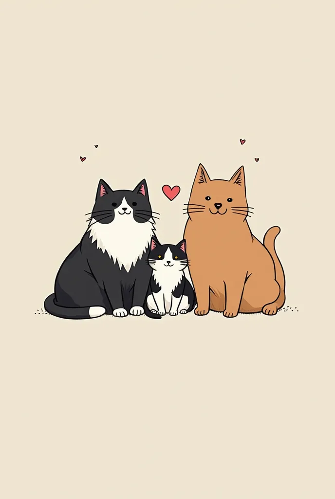 Please make a wallpaper with 4 cats together。One animal is white and black and has bushy hair、1 is a big fat black cat、1 is a big brown cat with white、1 is a white cat with black。Please draw in a minimalistic style。 