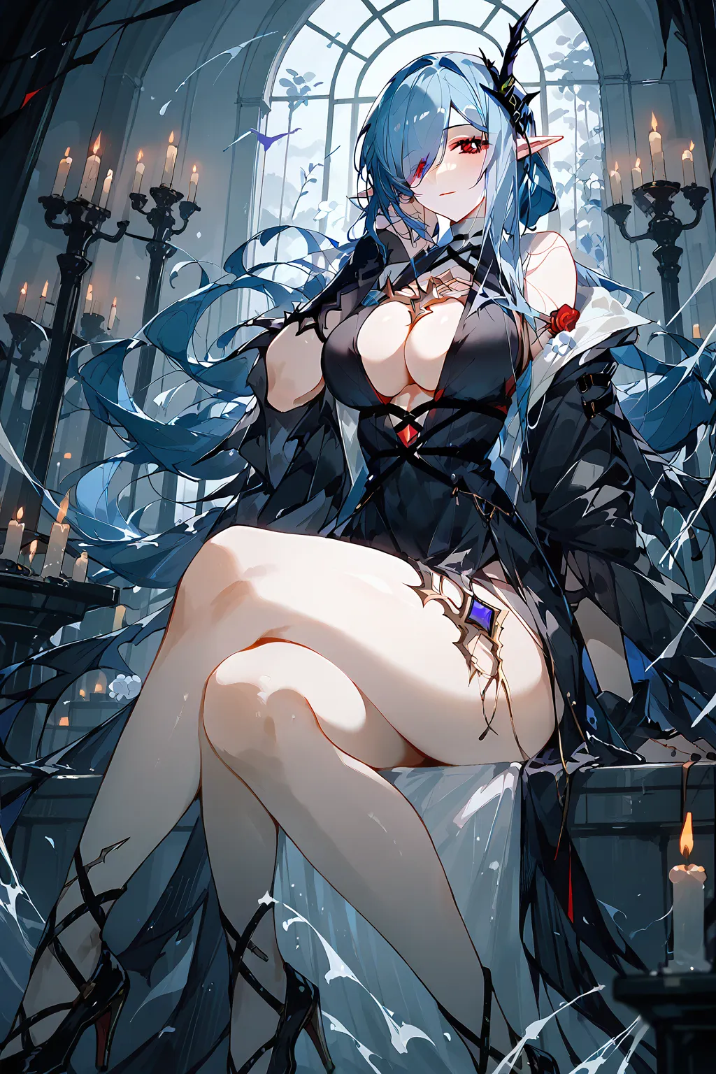 (score_9,score_8_up,score_7_up),milf,Gladiia(Arknights),1girl,red eyes,breasts,hair over one eye,solo,blue hair,candle,pointy ears,looking at viewer,long hair,sitting,black dress,cleavage,dress,bangs,black footwear,high heels,large breasts,thighs,
good fee...