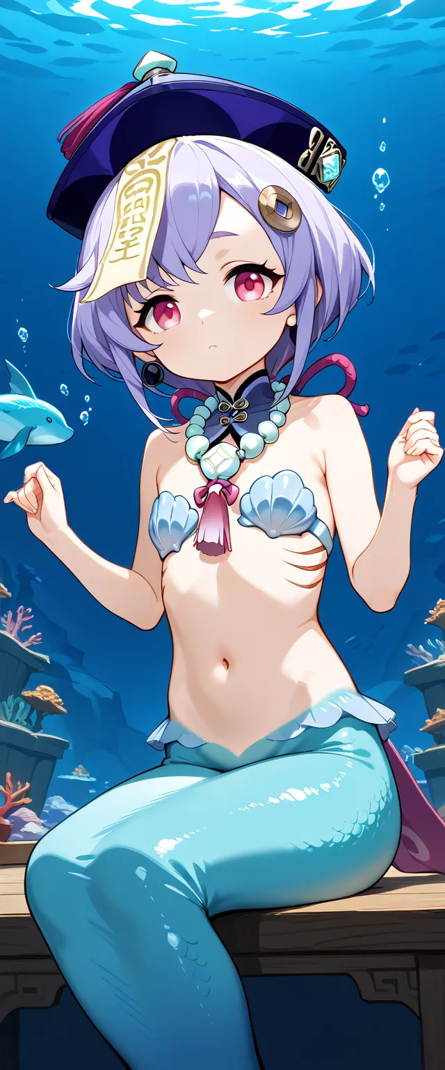 1girl,  slim,closed mouth, qiqi Genshin IImpact, Red eyes, short hair,curious face, face, nude, flat chest, Bedroom, sitting, Doesn't look at the viewer,  the view in front of , hands below , , purple hair, navel, mermaid,  gills, sharp ears,  shell bra, n...