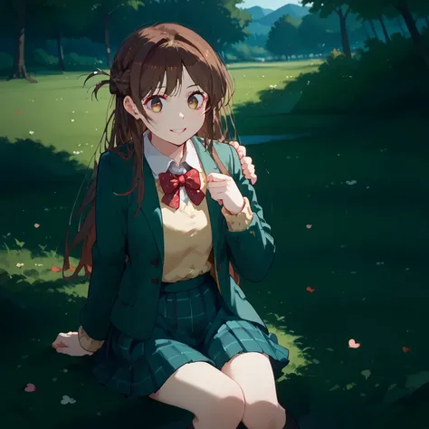 so cute,
smile,viewers,parted lips,,from above,
Alone,
Chizuru Ichinose,1 girl,brown hair,long hair,French Braid,brown eyes,
school uniforms,green jacket,yellow sweater, bow tie,
 plaid skirt,red skirt,
black socks,
outdoor,null,Park,lawn,tree,Planting,flo...