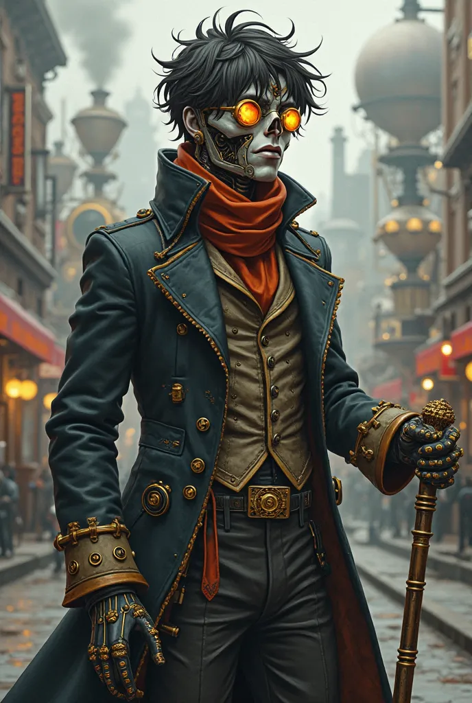 The same character with short, messy hair, Detailed robotic face, but now wearing a Victorian coat with gears and a scarf. He wears brass glasses on his forehead and holds a mechanical cane. The background is a steampunk city with steam engines