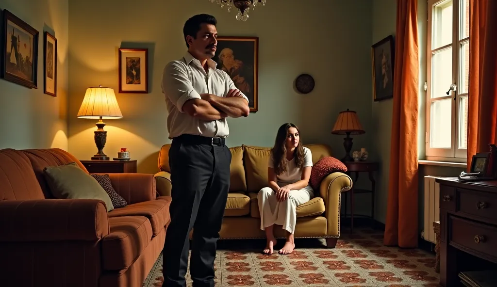 “Highly realistic scene inside a classic Spanish living room with decorative tiles on the floor. The tall man (45, short black hair, mustache, wearing a neatly pressed white shirt and slacks) stands in the center, arms folded, stern expression. The timid w...