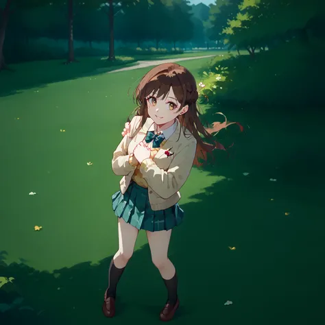 so cute, smile,viewers,parted lips,,from above, Alone, Chizuru Ichinose,1 girl,brown hair,long hair,French Braid,brown eyes, school uniforms,green jacket,yellow sweater, bow tie, plaid skirt,red skirt, black socks, outdoor,null,Park,lawn,tree,Planting,flow...