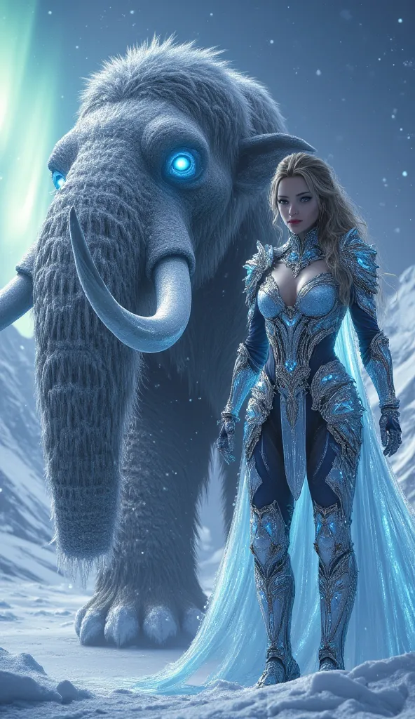 Create an ultra-realistic, highly detailed 8K ultra HD illustration of a **female Sub-Zero-inspired Mortal Kombat warrior**. She is beautiful, hot, and exudes a powerful, icy aura. She stands confidently beside a massive, towering **Mammoth** covered in fr...