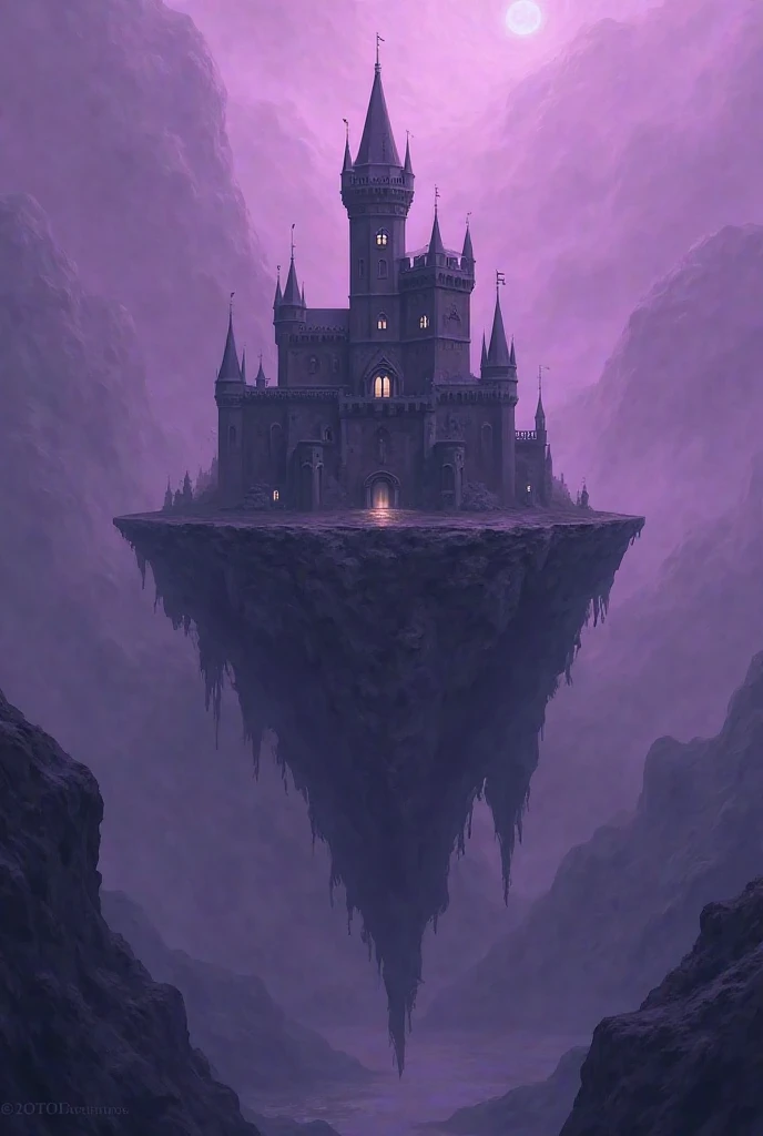 Lone black 3 story medieval castle in the back of a large and wide floating island within a dark purple void.