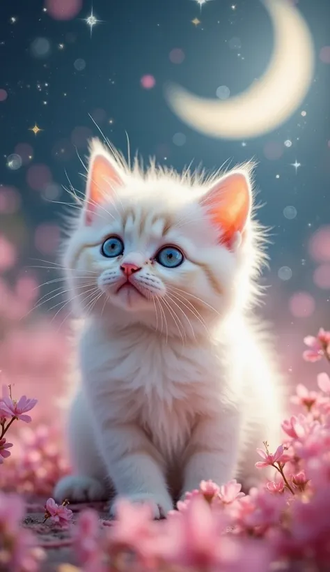 A fluffy kitten with soft white fur and cream stripes. Big blue eyes and a delicate pink nose. He is in a moonlit garden with a white rabbit. His eyes are shining as he hops around and plays. A kitten and a white rabbit in a moonlit garden. The background ...