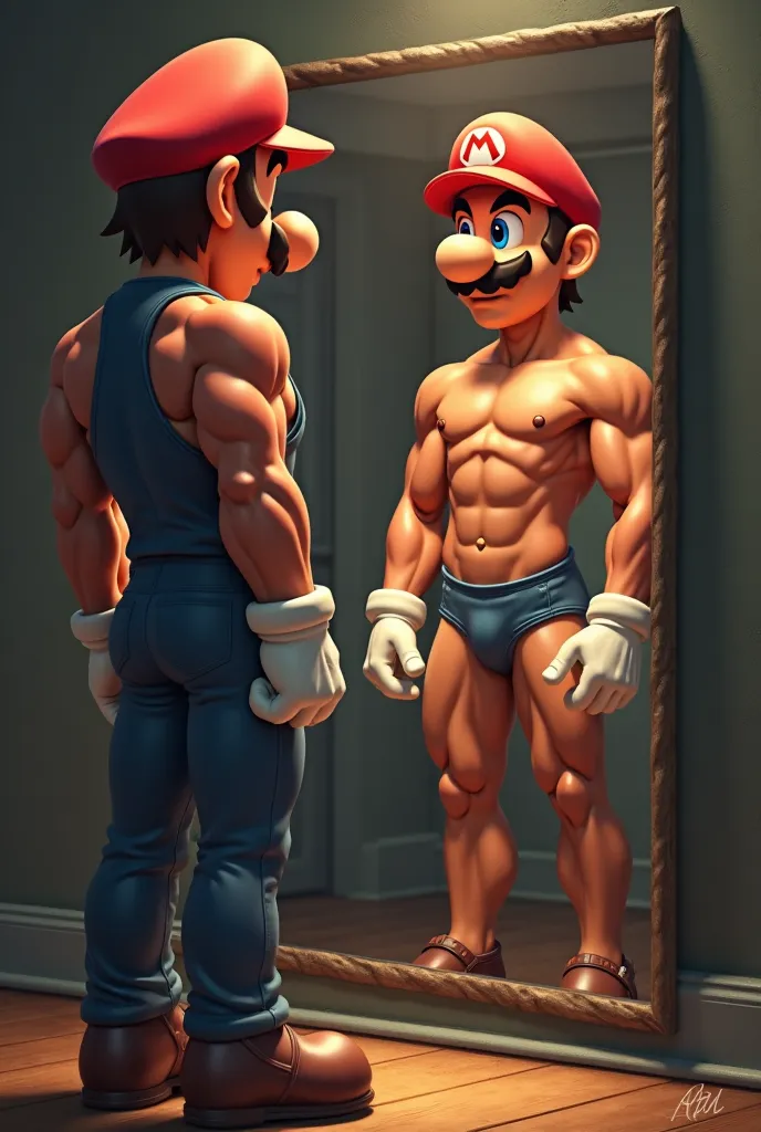 Make an unrealistic Mario with the body of a muscular ectomorph with a proud expression on his face looking at his body in a mirror.