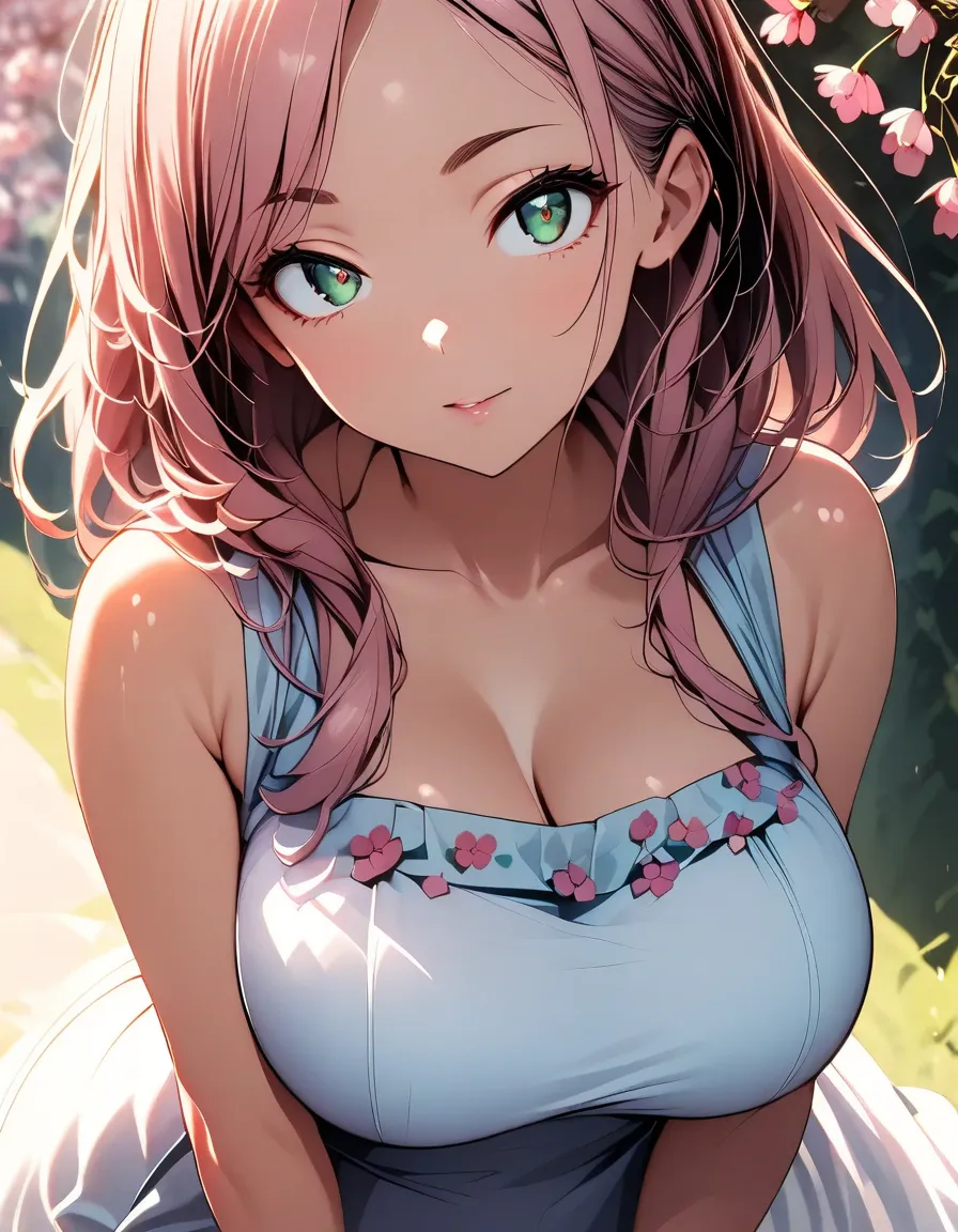 One Girl、(Pose for the camera)、(Poster-style works, The slanted eyes are sexy, spring dress, naked shoulders, big boobs, white dress, flower dress, pink hair, green eyes, long hair, parted bangs, shiny skin, glowing face and skin, sunlight, spring backgrou...