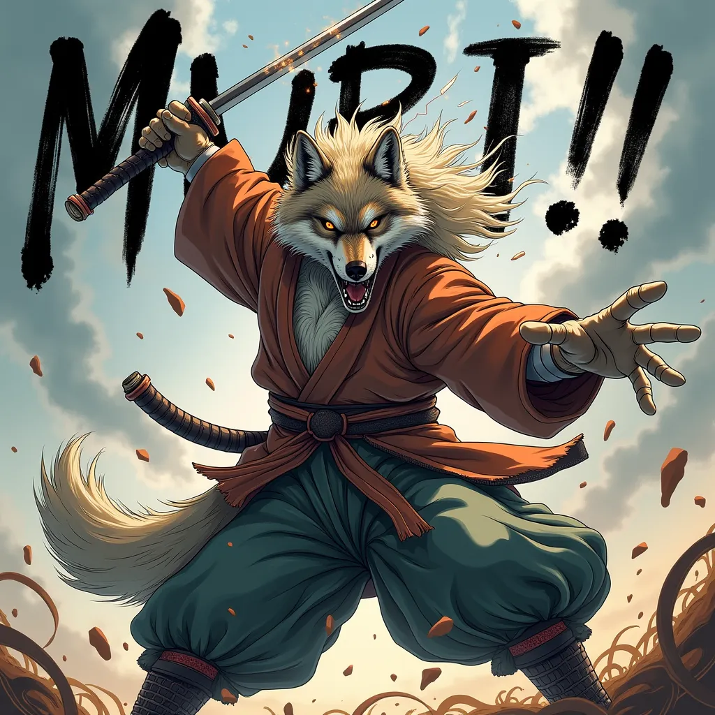 3. "Muri!!"
The wolf samurai is caught mid-action, deflecting an unseen attack with his blade, sparks flying dramatically. His expression is a mix of frustration and resolve, as if dismissing an impossible task. His long, flowing hair and tattered haori fl...