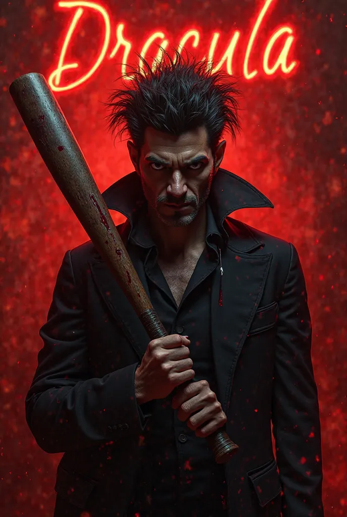 Create an image with red flamed bold cursive word "DRACULA" on that image a freaky man with a wolf cut is walking with a baseball bat which is stained of blood 