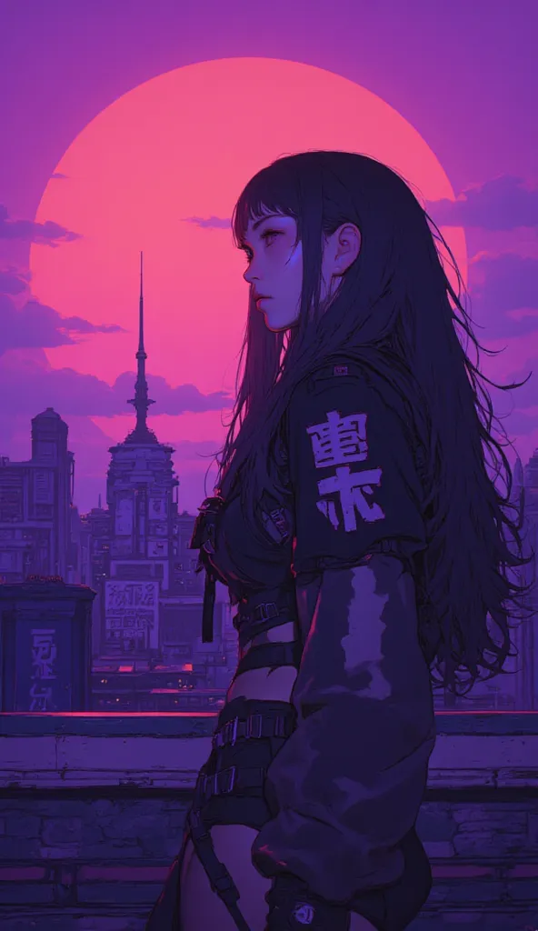 highest quality　Ultra delicate　Japanese anime anime　 one pretty girl　　Strong shadows 　contrast after screen action 　サイバーpunk　punk 　Emotional　Sadness　sunset　twilight　Purple　Big  staring at the sunset　 popup