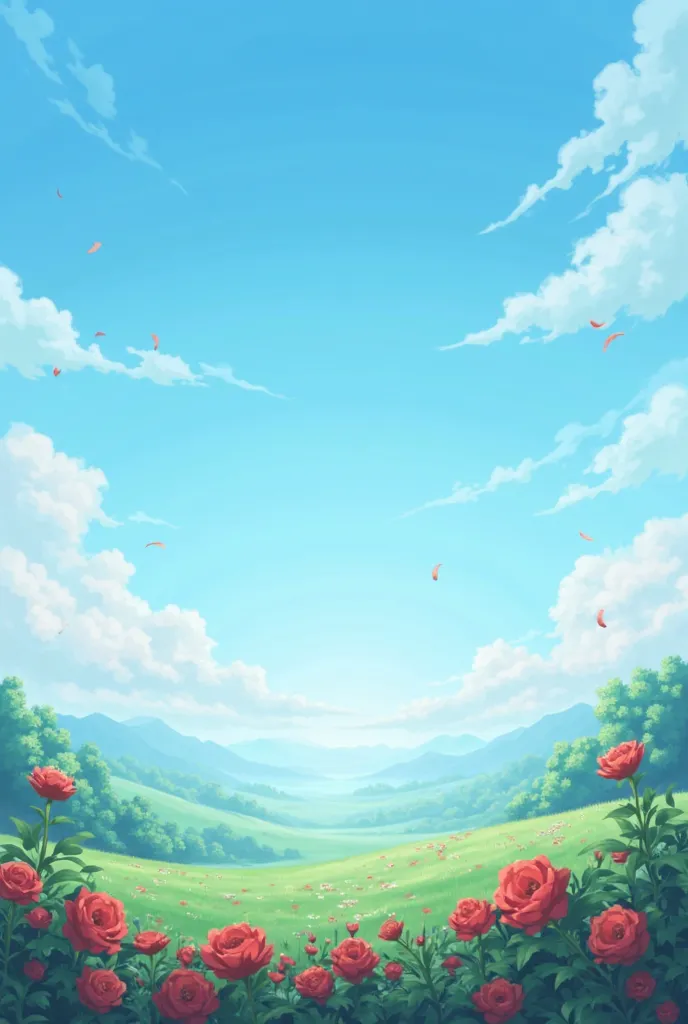 A sky blue landscape with red flowers
