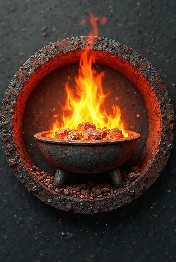 Create a round logo with a rustic and highly realistic design.  in the center, a 3D brazier with incandescent embers and vibrant flames, transmitting warmth and intensity. The brazier must have realistic details, such as aged metal and scorched wood textur...