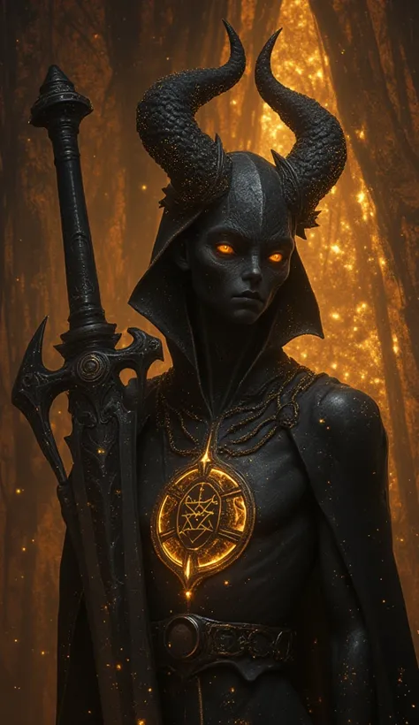 Make a digital illustration of fantasy portrait: obsidian skinned humanoid figure with glowing golden eyes, cosmic bone horn, and star dots on his skin. Wear a starry nightgown, breastplate astral symbol, and cosmic relic sword. Dimensional portal aureola ...