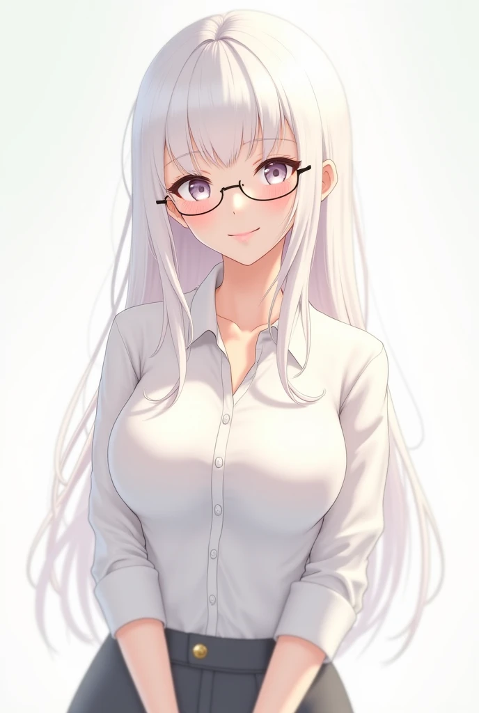 Big breasted anime girl wearing white shirt wearing white hair glasses is smiling sagely