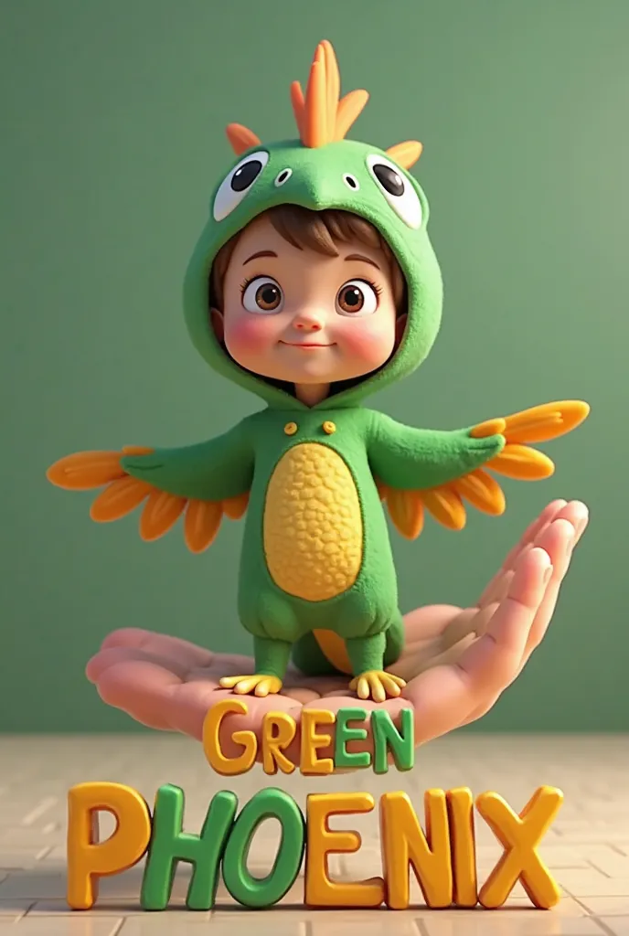 3D cartoon image of a boy wearing a green phoenix costume on the human palm. On the floor there is a written name "HUNGRY GREEN PHOENIX in 3D letter style, colorful letters, all names must be complete and correctly spelled. Looking at viewer, Wide Shot, 