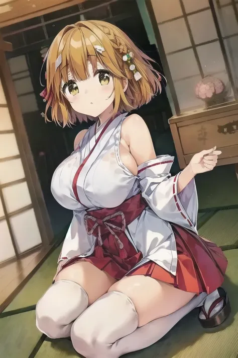 Koiwai Yoshino ,(masterpiece, best quality:1.2),2D, anime,  Anime art,  line art  , watercolor,loli, 1 girl , (orange hair), (large breasts:1.6),(shrine maiden outfit),(red skirt),(japanese white clothes:1.6),(red hakama),(bare shoulders),(detached sleeves...