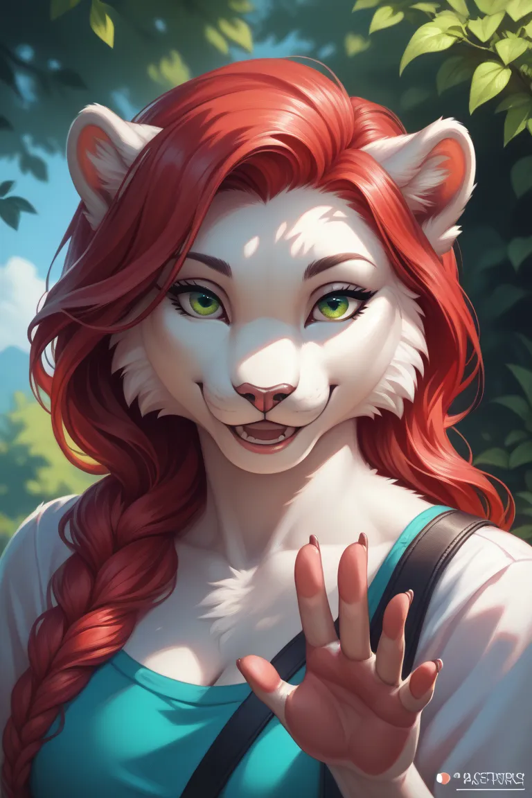 ,(( is the best quality)), ((masterpiece)), ( detailed), upper body,1 female anthropomorphic leopard,  white fur ,White skin, white fur , long red hair , full face,Green Eyes,Calm, mature, Casual wear,  feminine , looks at viewer, smiling, waving hand 