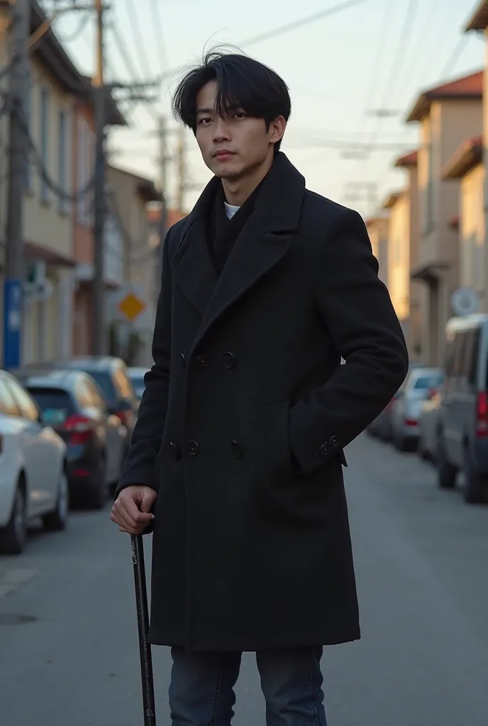 A 20-year-old young man, Asian,  Korean,  thin, height 165 centimeters beautiful, black long hair that falls on the shoulders, in hand a cane for the blind, Wearing a black coat, dressed down the street with American houses 