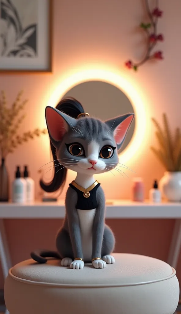 A modern, stylish indoor room with a well-lit makeup vanity table. A beautiful, adorable tiny anthropomorphic gray and white cat sits gracefully in front of the mirror, applying makeup with elegance. She has soft fur, feminine feline facial features, and d...