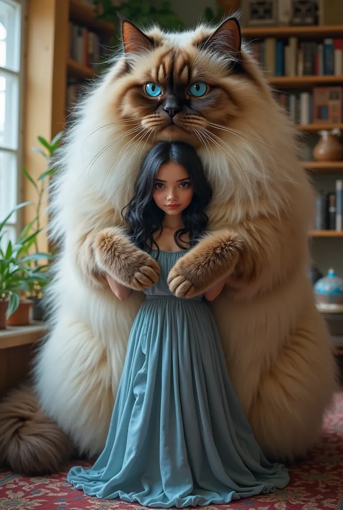 Create an image of a 30-year-old woman with long black hair and European features, wearing a beautiful blue dress, hugging a gigantic Persian Himalayan cat. The cat should be four times the size of the woman, emphasizing its enormous and majestic presence....