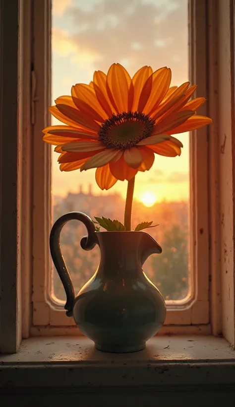 A giant bright flower blooms in a vintage jug on the windowsill, inside of which a tiny attractive sexy girl with curvaceous forms in a revealing vintage dress wakes up. Sunrise outside the window. Girl close-up. High quality image, gothic, realistic 3D st...