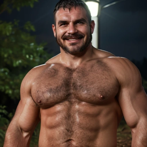 Latin man Beard mustache, shirtless, angry smiling face, detailed muscular fat body, hairy body, hairy chest. Standing in dark forest at night. Body wet. Raining.