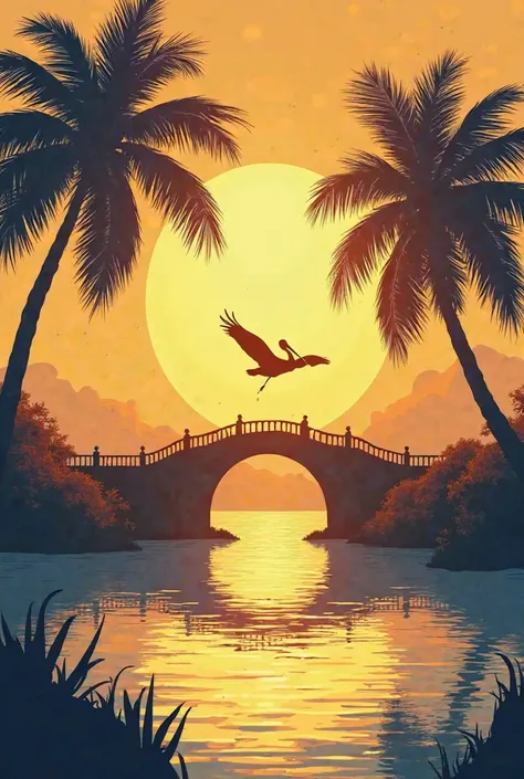 Genera un logotipo que tenga The bridge sobre el lago de Venezuela, Maracaibo , The bridge, the sun, The pelican, The lake and the coconut tree