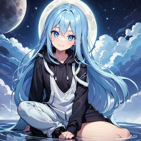 ((masterpiece)), ((best quality)), (ultra-detailed), girl in a black hoodie is sitting looking at the full moon, light blue hair, light blue eyes, jewel-like eyes, smile, girl, moon, reflection, solo, flat chest, slim figure, perfect anatomy